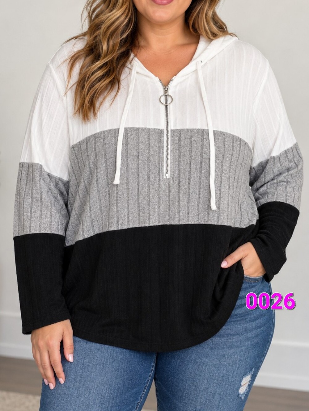 Colorblock Hooded Pullover Top - White Gray Black Size 1X